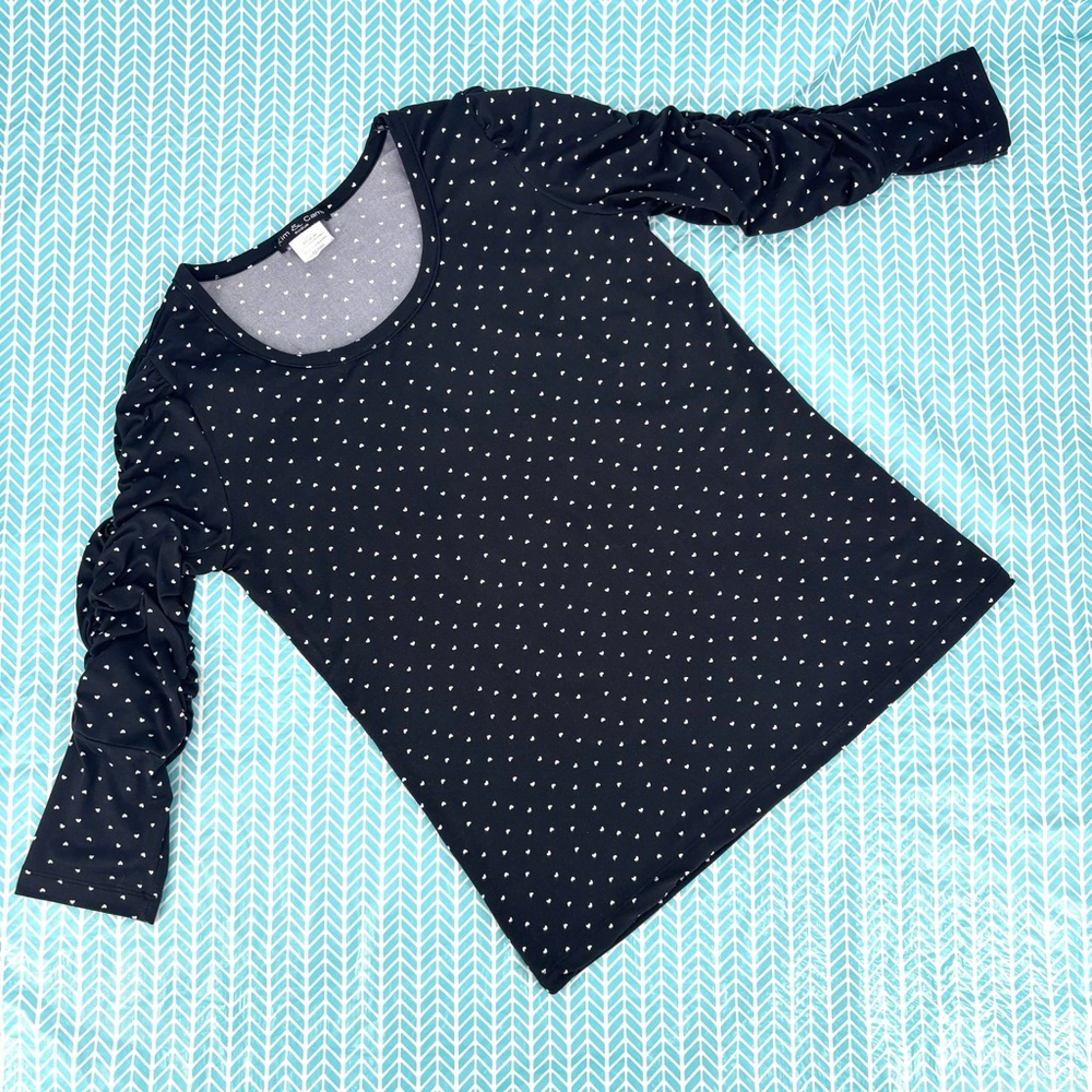 Kim & Cami Black with White Heart Polka Dots 3/4 Ruched Sleeve T-Shirt, Medium